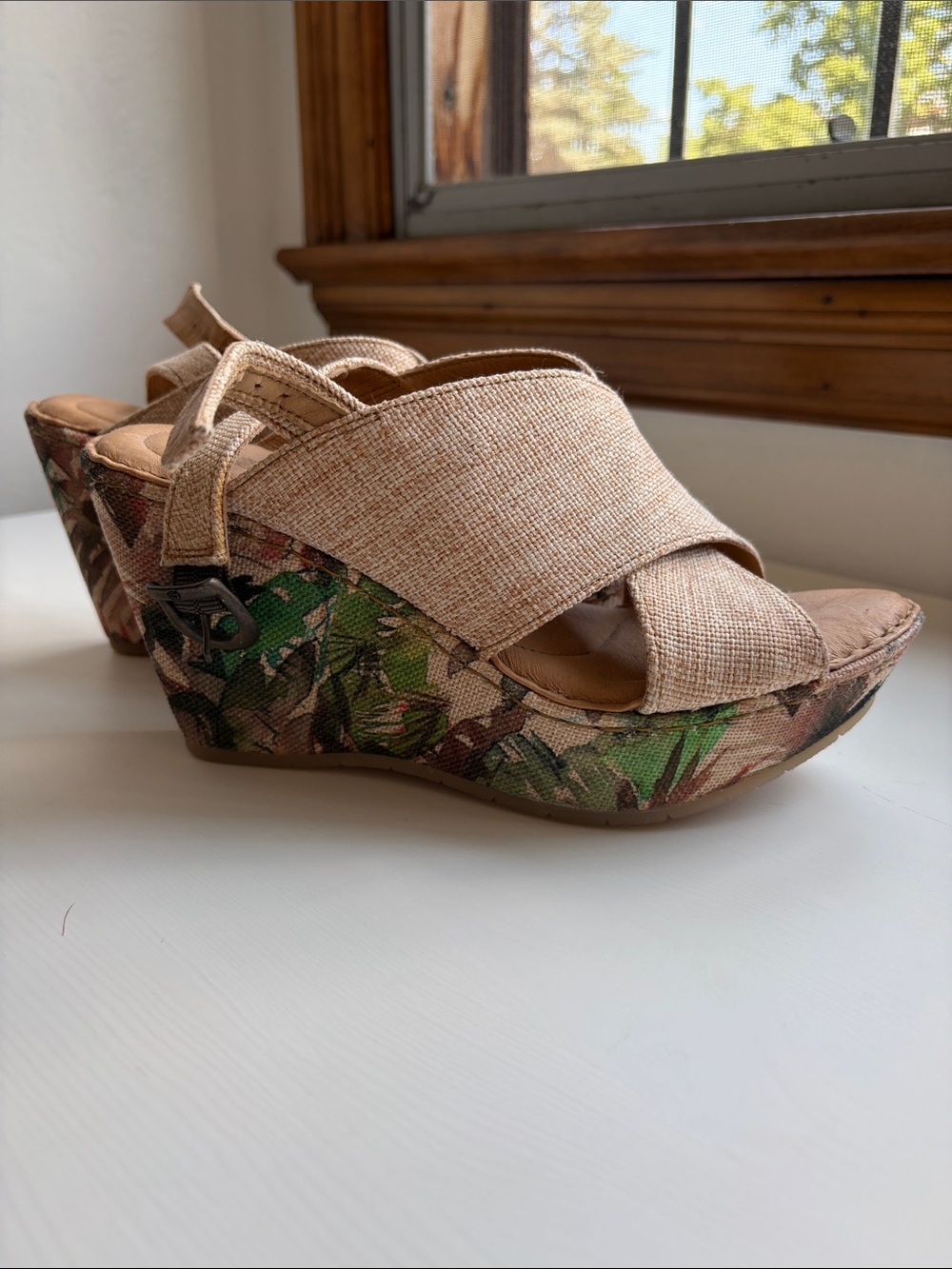 Born Beige Crisscross Wedge Sandals with Floral Platform
